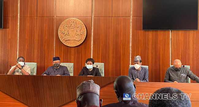 The Minister of Health, Osagie Ehanire (2nd left) attended a press briefing at the State House in Abuja on August 12, 2021.