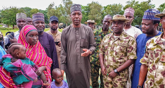 Governor Babagana Zulum received Chibok schoolgirl Hassana Adamu in Gwoza, on August 14, 2021.