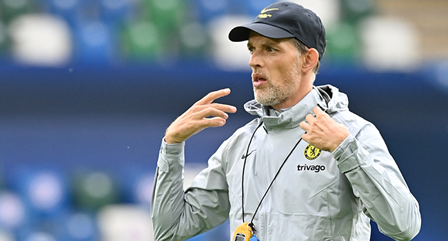 Chelsea's German head coach Thomas Tuchel takes a training session on the eve of the UEFA Super Cup football match between Chelsea and Villarreal at Windsor Park in Belfast, Northern Ireland on August 10, 2021. Paul ELLIS / AFP