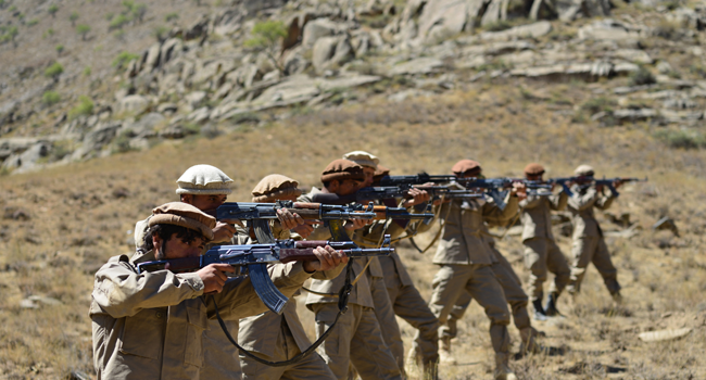 Afghan resistance movement and anti-Taliban uprising forces take part in a military training at Malimah area of Dara district in Panjshir province on September 2, 2021 as the valley remains the last major holdout of anti-Taliban forces. Ahmad SAHEL ARMAN / AFP