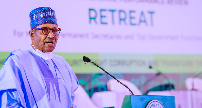 President Muhammadu Buhari delivers a speech during the Two-Day Mid-Term Ministerial Performance Review Retreat in the State House, Abuja on October 11, 2021. Bayo Omoboriowo/State House