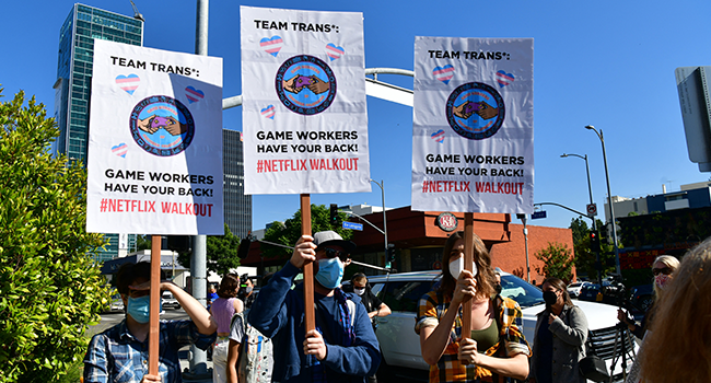 Trans employees and allies at Netflix walkout in protest of Dave Chappelle special on October 20, 2021 in Los Angeles, California. Rodin Eckenroth/Getty Images/AFP