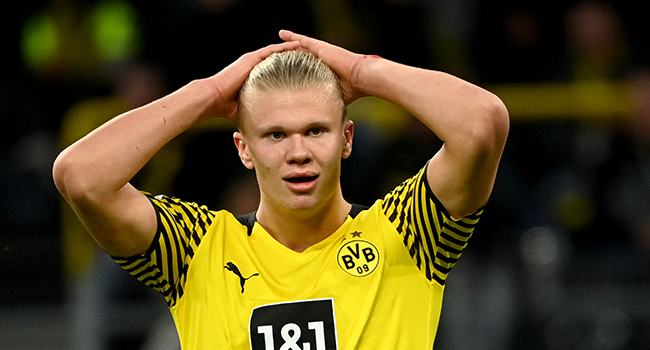 In this file photo taken on September 19, 2021 Dortmund's Norwegian forward Erling Braut Haaland reacts during the German first division Bundesliga football match Borussia Dortmund vs FC Union Berlin on September 19, 2021 in Dortmund, western Germany. Ina Fassbender / AFP