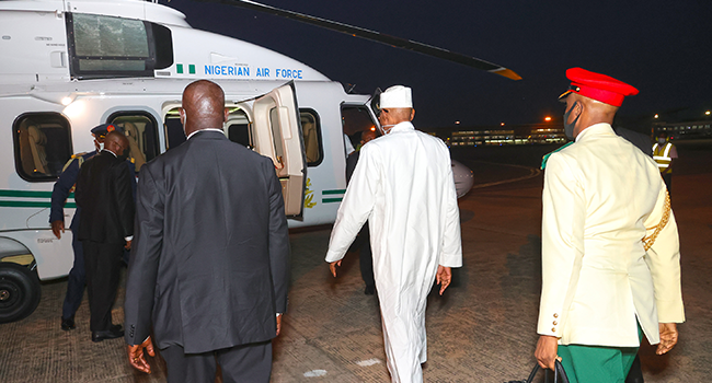 President Muhammadu Buhari arrived in Nigeria from Saudi Arabia on October 29, 2021. Sunday Aghaeze/State House