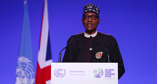 Nigeria's President Muhammadu Buhari makes a national statement on the second day of the COP26 UN Climate Summit in Glasgow on November 2, 2021. Adrian DENNIS / AFP / POOL