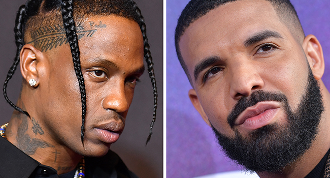 This combination of file pictures created on November 6, 2021 shows (L) US rapper Travis Scott arriving for the 2021 MTV Video Music Awards at Barclays Center in Brooklyn, New York, September 12, 2021 and (R) US rapper Drake attending the Los Angeles premiere of the new HBO series "Euphoria" at the Cinerama Dome Theatre in Hollywood on June 4, 2019. Angela WEISS, Chris DELMAS / AFP