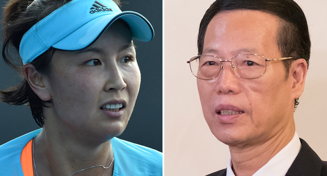  This combination of file photos shows tennis player Peng Shuai of China (L) during her women's singles first round match at the Australian Open tennis tournament in Melbourne on January 16, 2017; and Chinese Vice Premier Zhang Gaoli (R) during a visit to Russia at the Saint Petersburg International Investment Forum in Saint Petersburg on June 18, 2015. Paul CROCK, Alexander ZEMLIANICHENKO / AFP
