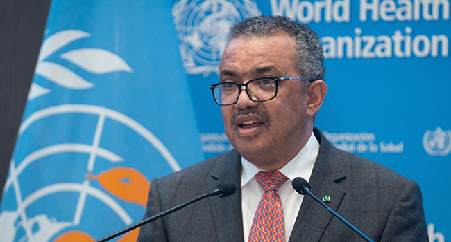 This handout picture made available by the World Health Organization (WHO) on November 29, 2021 shows WHO Director-General Tedros Adhanom Ghebreyesus addressing the special session of the World Health Assembly in Geneva. Christopher Black / World Health Organization / AFP