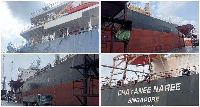 A combination of photos showing parts of the vessel MV Chayanee Naree which the NDLEA says was used to import 32.9 kilograms of cocaine into Nigeria through the Apapa seaport.