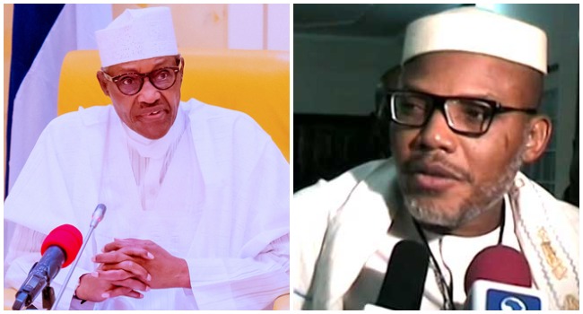 A photo combination of President Muhammadu Buhari and IPOB leader, Nnamdi Kanu.