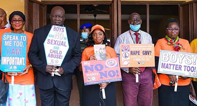 First Lady of Lagos State, Ibijoke Sanwo-Olu, holds a placard on December 6, 2021.