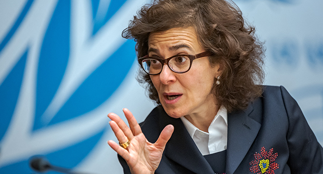 United Nations Deputy High Commissioner for Human Rights Nada Al-Nashif gestures during an extraordinary meeting on Ethiopia at the United Nations (UN) Human Rights Council on December 17, 2021 in Geneva. Fabrice COFFRINI / AFP