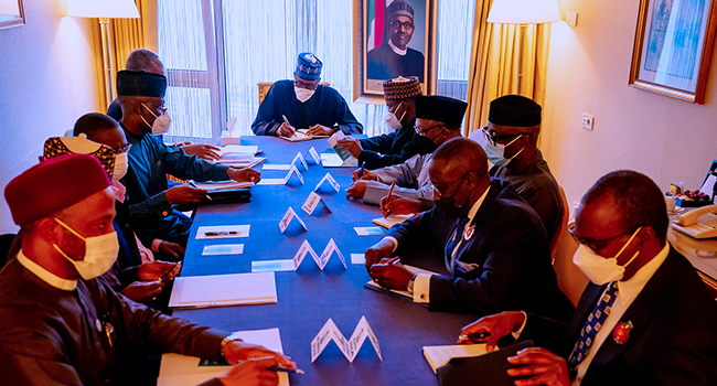 President Muhammadu Buhari at a meeting with members of the Nigerian delegation to Turkey on December 17, 2021.