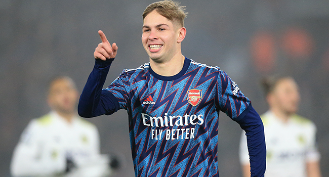 Arsenal's English midfielder Emile Smith Rowe celebrates scoring his team's fourth goal during the English Premier League football match between Leeds United and Arsenal at Elland Road in Leeds, northern England on December 18, 2021. Lindsey Parnaby / AFP