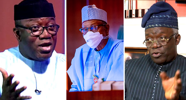 A photo combination of Ekiti State Governor Kayode Fayemi, President Muhammadu Buhari and senior lawyer Femi Falana.