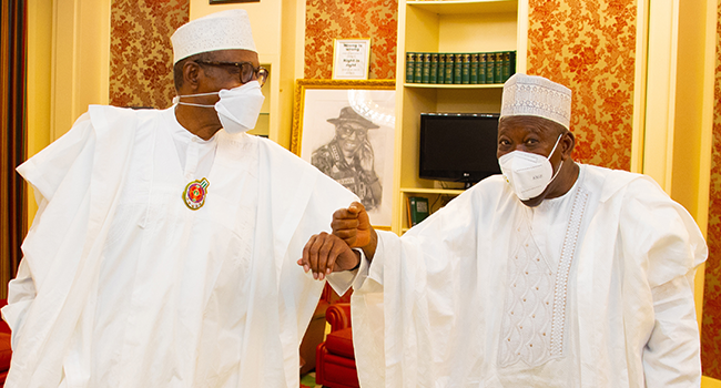 President Muhammadu Buhari receives the Kano State Governor, Alhaji Abdullahi Ganduje at the State House in Abuja on December 24, 2021. Sunday Aghaeze/State House
