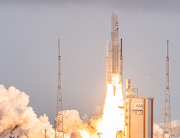 Arianespace's Ariane 5 rocket with NASA’s James Webb Space Telescope onboard lifts up from the launchpad, at the Europe’s Spaceport, the Guiana Space Center in Kourou, French Guiana, on December 25, 2021. Jody Amiet / AFP