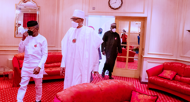 President Buhari receives Vice President Yemi Osinbajo in Christmas Homage in State House on December 25, 2021. Bayo Omoboriowo/State House.