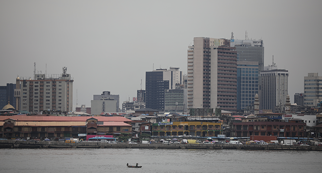 Lagos, Nigeria’s largest city, sprawls inland from the Gulf of Guinea across Lagos Lagoon.