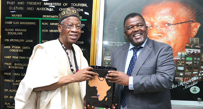 L-R: The Minister of Information and Culture, Alhaji Lai Mohammed, and the Namibian High Commissioner to Nigeria, Mr. Humphrey Geiseb, when the High Commissioner paid a courtesy visit to the Minister in Abuja on January 13, 2022.