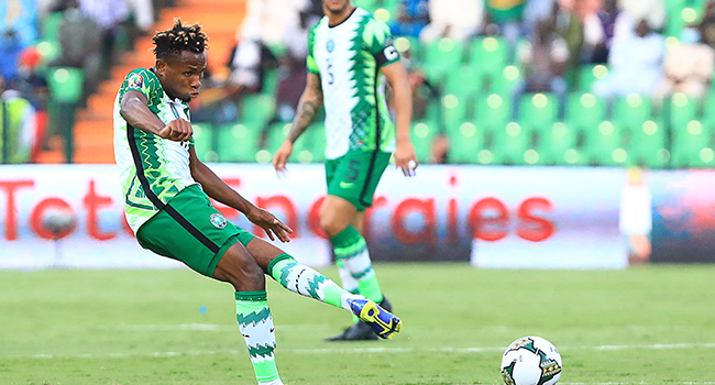 Nigeria's forward Samuel Chukwueze kicks the ball during the Group D Africa Cup of Nations (CAN) 2021 football match between Nigeria and Sudan at Stade Roumde Adjia in Garoua on January 15, 2022. Daniel BELOUMOU OLOMO / AFP