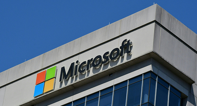 In this file photo taken on May 20, 2021, a Microsoft logo adorns a building in Chevy Chase, Maryland. Eva HAMBACH / AFP