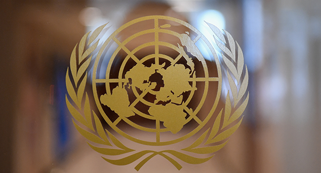 In this file photo taken on February 25, 2021 the United Nations logo is seen inside the United Nations in New York City. Angela Weiss / AFP