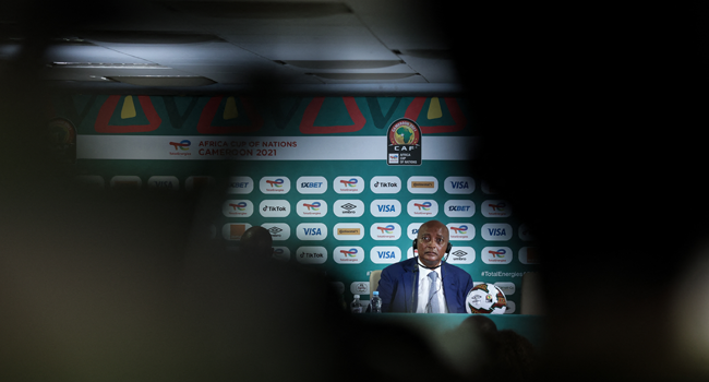 Confederation of African Football (CAF) President Patrice Motsepe is seen during a press conference on January 25, 2022 at Ahmadou Ahidjo stadium in Yaounde. Kenzo TRIBOUILLARD / AFP