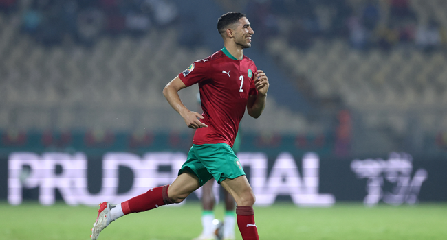 Morocco's defender Achraf Hakimi celebrates after scoring his team's second goal during the Africa Cup of Nations (CAN) 2021 round of 16 football match between Morocco and Malawi at Stade Ahmadou-Ahidjo in Yaounde on January 25, 2022. Kenzo Tribouillard / AFP