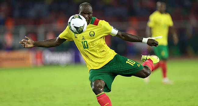 Cameroon's forward Vincent Aboubakar eyes the ball during the Group A Africa Cup of Nations (CAN) 2021 football match between Cape Verde and Cameroon at Stade d'Olembe in Yaounde on January 17, 2022. Kenzo Tribouillard / AFP