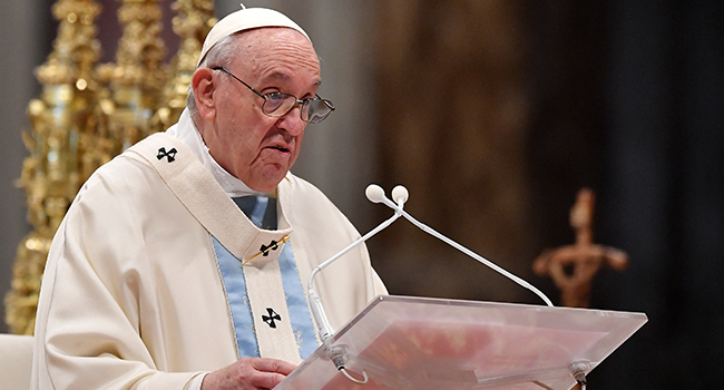 Pope Francis celebrates the New Year's day mass in St. Peter's Basilica at the Vatican on January 1, 2022. Tiziana FABI / AFP