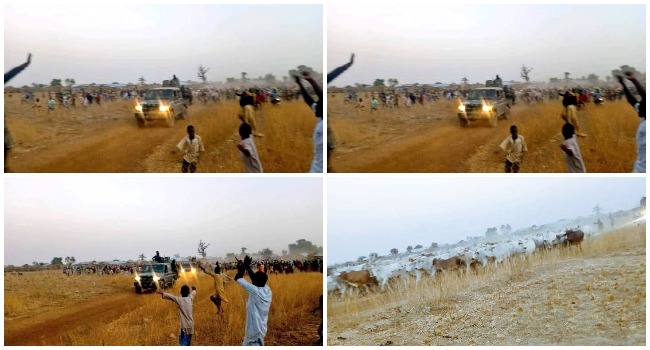 This combination of photos show residents hailing Nigerian troops after an operation against bandits on January 22, 2022.