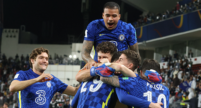 Chelsea's players celebrate after winning the 2021 FIFA Club World Cup final football match against Brazil's Palmeiras at Mohammed Bin Zayed stadium in Abu Dhabi, on February 12, 2022. KARIM SAHIB / AFP