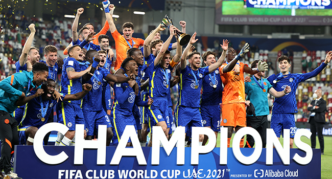 Chelsea's players celebrate with their trophy after winning the 2021 FIFA Club World Cup final football match against Brazil's Palmeiras at Mohammed Bin Zayed stadium in Abu Dhabi, on February 12, 2022. KARIM SAHIB / AFP