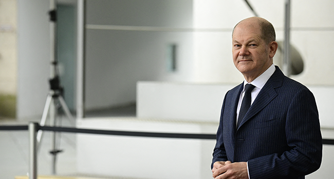 German Chancellor Olaf Scholz waits for the Polish Prime Minister and the Lithuanian President on February 26, 2022 at the Chancellery in Berlin, as they meet for talks following Russia's invasion of Ukraine. Tobias SCHWARZ / AFP