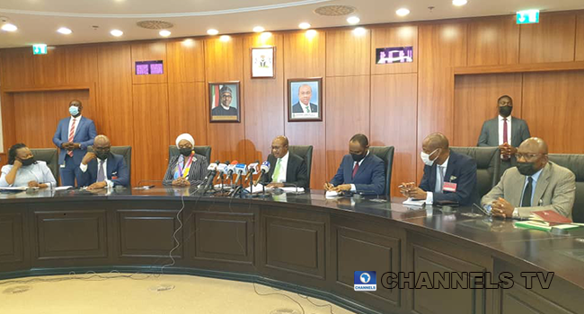 Central Bank Governor Godwin Emefiele held a press briefing on February 10, 2022 in Abuja. 