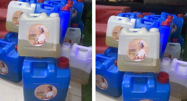 This photo shows kegs of petrol which were reportedly shared as party souvenirs in Lagos.