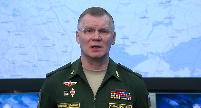 This video grab taken from a handout footage released by the Russian Defence Ministry on March 1, 2022 shows Russian Defence Ministry spokesman Igor Konashenkov holding a briefing. Russian Defence Ministry / AFP