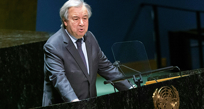 In this file photo taken on February 28, 2022, UN Secretary-General Antonio Guterres speaks on the Russia-Ukraine conflict at the General Assembly emergency special session in New York City. Kena Betancur / AFP