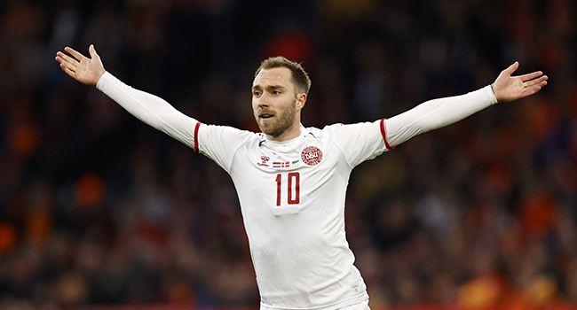 Denmark's Christian Eriksen celebrates after scoring a goal during the friendly football match between the Netherlands and Denmark at the Johan-Cruijff ArenA on March 26, 2022 in Amsterdam. MAURICE VAN STEEN / ANP / AFP
