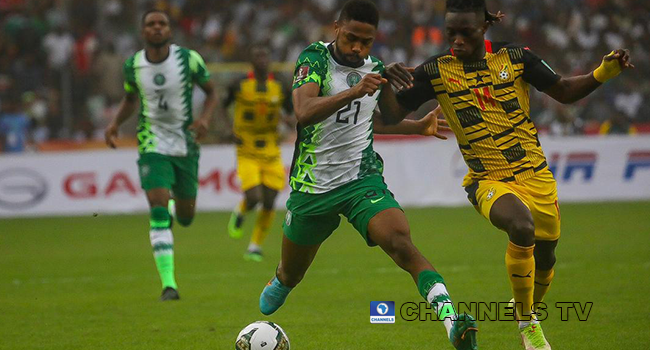 Watford's Emmanuel Dennis vies for the ball during Nigeria's match with Ghana at the MKO Abiola Stadium on March 29, 2022. Sodiq Adelakun/Channels Television.