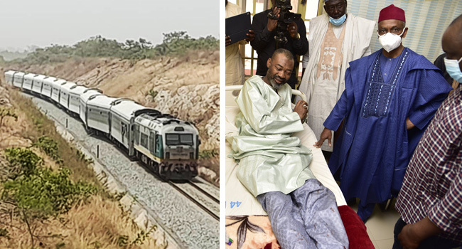 A photo combination of the attacked train and Governor Nasir El-Rufai visiting victims at the hospital on March 29, 2022.