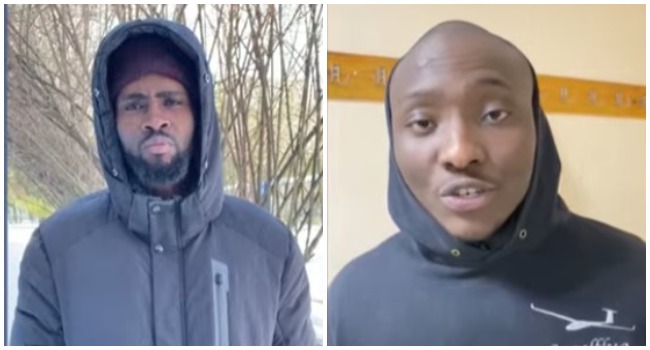 This picture combination, created on March 12, 2022, shows two unnamed Nigerian students who called for help from Kherson, Ukraine.