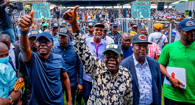 Lagos State Governor, Mr. Babajide Sanwo-Olu, National Leader of the All Progressives Congress (APC), Asiwaju Bola Tinubu and Lagos Deputy Governor, Dr. Obafemi Hamzat during the South West Youths declaration for Tinubu rally, at the Mobolaji Johnson Arena, Onikan, on April 16, 2022.