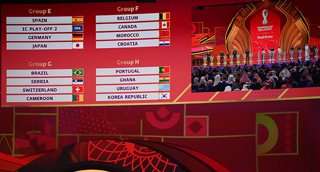 Nations's groups are displayed during the draw for the 2022 World Cup in Qatar at the Doha Exhibition and Convention Center on April 1, 2022. FRANCK FIFE / AFP