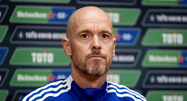 Ajax's Dutch coach Erik ten Hag talks to journalists during the Toto KNVB Cup Press Conference prior to the cup final against PSV Eindhoven at the Johan Cruyff Arena in Amsterdam on April 15, 2022. Koen van Weel / ANP / AFP