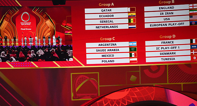 Nations's groups are displayed during the draw for the 2022 World Cup in Qatar at the Doha Exhibition and Convention Center on April 1, 2022. FRANCK FIFE / AFP