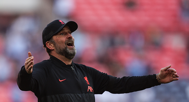 Liverpool's German manager Jurgen Klopp celebrates at the end of the English FA Cup semi-final football match between Liverpool and Manchester City at Wembley Stadium in north west London on April 16, 2022. Adrian DENNIS / AFP