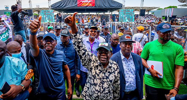APC Chieftain and Presidential candidate, Bola Ahmed Tinubu and Lagos state Governor Babajide Sanwo-Olu attended a rally in Lagos on April 16, 2022.