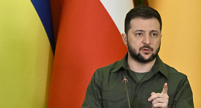 Ukraine's President Volodymyr Zelensky delivers a speech during a press conference with Denmark's and Spain's Prime Ministers in Kyiv on April 21, 2022. Genya SAVILOV / AFP